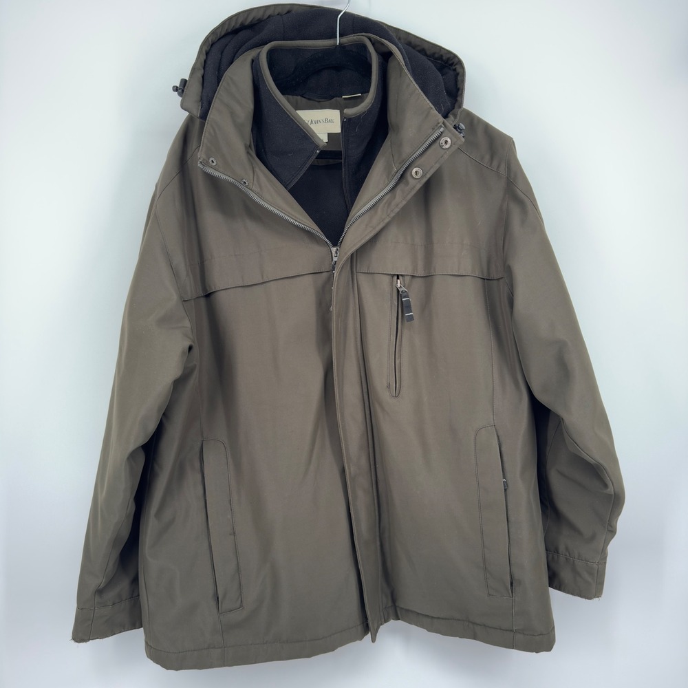 St. Johns Bay Mens 3-in-1 Systems Jacket Olive Brown Fleece Liner Hooded XL